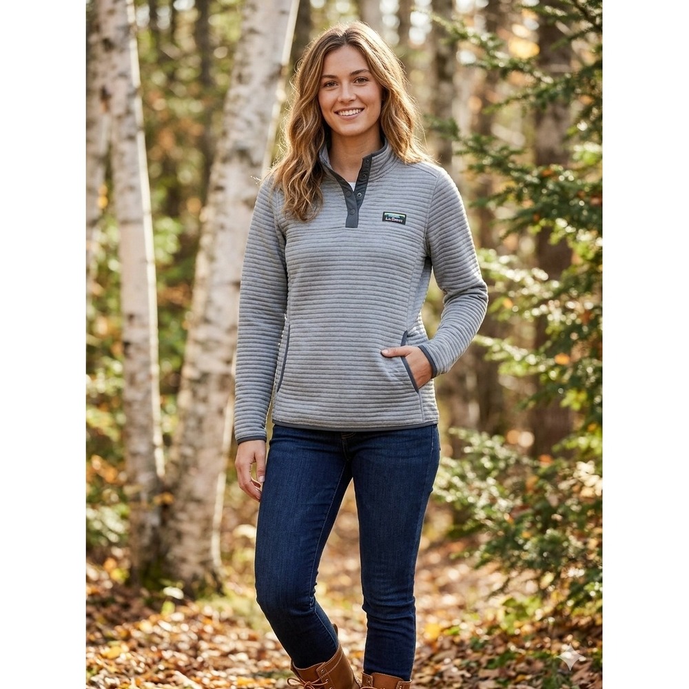LL Bean Womens Airlight Knit Pullover Gray Ribbed Snap Neck Fleece Jacket Medium